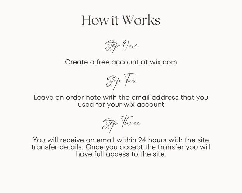May include: A step-by-step guide on how to transfer a website from Wix.com. The steps include creating a free account, leaving an order note with your email address, and receiving an email with transfer details.