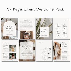 Puede incluir: Un paquete de bienvenida para clientes de 37 p&aacute;ginas con un dise&ntilde;o minimalista y una paleta de colores neutros beige, blanco y marr&oacute;n. El paquete incluye secciones como "Su gu&iacute;a de bienvenida para el sitio web", "Conozca al equipo", "Empecemos", "Dise&ntilde;o web", "El viaje" y "Contenido".