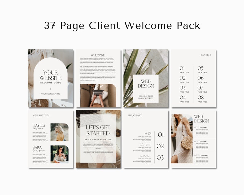 Puede incluir: Un paquete de bienvenida para clientes de 37 p&aacute;ginas con un dise&ntilde;o minimalista y una paleta de colores neutros beige, blanco y marr&oacute;n. El paquete incluye secciones como "Su gu&iacute;a de bienvenida para el sitio web", "Conozca al equipo", "Empecemos", "Dise&ntilde;o web", "El viaje" y "Contenido".