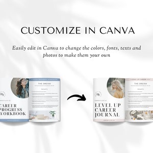 May include: Two open workbooks with blue and white covers. The left workbook is titled "Career Progress Workbook" and the right workbook is titled "Level Up Career Journal". Both workbooks feature a woman on the cover and the text "The Dream" on the inside pages.