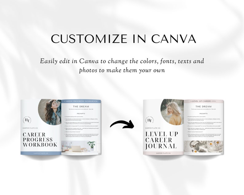 May include: Two open workbooks with blue and white covers. The left workbook is titled "Career Progress Workbook" and the right workbook is titled "Level Up Career Journal". Both workbooks feature a woman on the cover and the text "The Dream" on the inside pages.