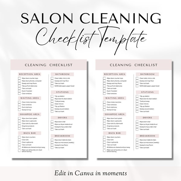 Salon Cleaning Checklist Editable, Cleaning Checklist Canva Template, Cleaning Checklist Schedule, Lashes Cleaning Checklist, Hair, Nails