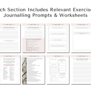 May include: A self-care journal with pages for journaling prompts, exercises, and worksheets. The pages are decorated with a light pink background and a floral design. The journal includes sections for "What Fills Your Cup", "How to Create a Routine that Incorporates Some or All of the Items from Your Lists", "Self-Care Ideas Jar", "Positive Self-Care Affirmations", "Today's Focus", "Daily Journal Routine".