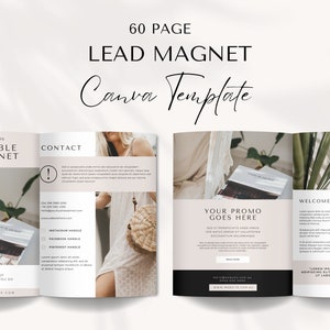 May include: A 60-page lead magnet Canva template with a beige background. The template features a woman wearing a white dress and a straw bag. The text "YOUR PROMO GOES HERE" is displayed in black text on a white background. The text "WELCOME TO THE WORLD" is displayed in black text on a white background. The text "LOREM IPSUM DOLOR SIT AMET, CONSECTETUR ADIPISCING ELIT, SED DO EIUSMOD TEMPOR INCIDIDUNT UT LABORE ET DOLORE MAGNA" is displayed in black text on a white background.