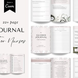 May include: A pink and white journal with the title "The Guided Journal for Nurses" and a table of contents. The journal includes sections for daily reflections, self-care, and encouraging affirmations.