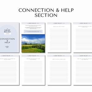 Może przedstawiać: Drukowany dziennik łagodzenia żalu z jasnoniebieską okładką i tekstem "Grief Relief Journal" oraz "Connection & Help". Dziennik zawiera wskaz&oacute;wki do refleksji i prowadzenia dziennika na tematy takie jak połączenie, wsparcie i dbanie o siebie.