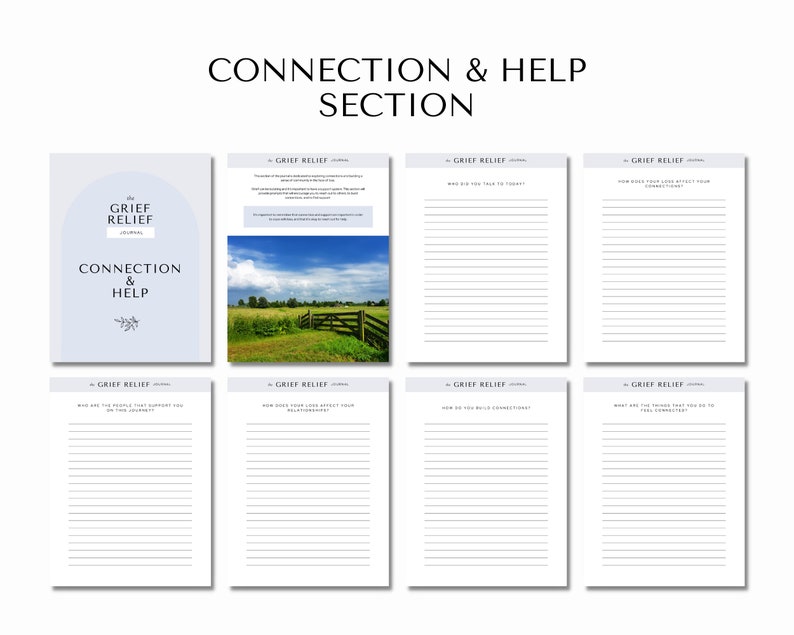 Może przedstawiać: Drukowany dziennik łagodzenia żalu z jasnoniebieską okładką i tekstem "Grief Relief Journal" oraz "Connection & Help". Dziennik zawiera wskaz&oacute;wki do refleksji i prowadzenia dziennika na tematy takie jak połączenie, wsparcie i dbanie o siebie.