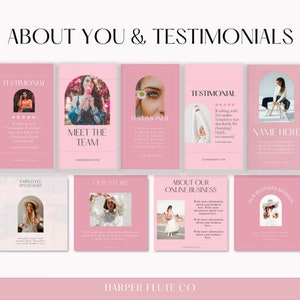 Peut inclure: Mod&egrave;les de m&eacute;dias sociaux roses et blancs avec des cadres en arc et des images de femmes. Le texte "About You & Testimonials" est en haut de l'image. Les textes "Meet the Team", "Our Store", "About Our Online Business", "Our Business Mission", "Employee Spotlight", et "Name Here" sont sur les mod&egrave;les.
