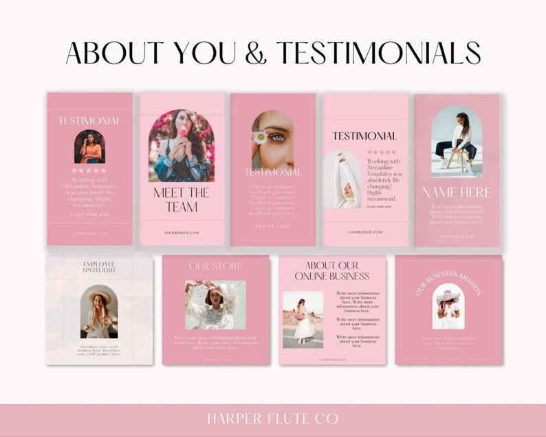 Peut inclure: Mod&egrave;les de m&eacute;dias sociaux roses et blancs avec des cadres en arc et des images de femmes. Le texte "About You & Testimonials" est en haut de l'image. Les textes "Meet the Team", "Our Store", "About Our Online Business", "Our Business Mission", "Employee Spotlight", et "Name Here" sont sur les mod&egrave;les.