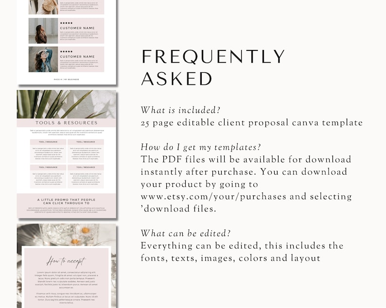 May include: A pink and white digital download for a 25-page editable client proposal Canva template. The text reads "Frequently Asked" and includes information about what is included, how to get the templates, and what can be edited.
