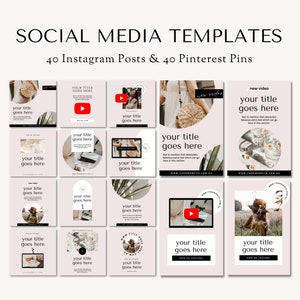 May include: A collection of 40 social media templates for Instagram and Pinterest. The templates feature a neutral pink background with various images and text overlays. The text includes "your title goes here" and "new video".