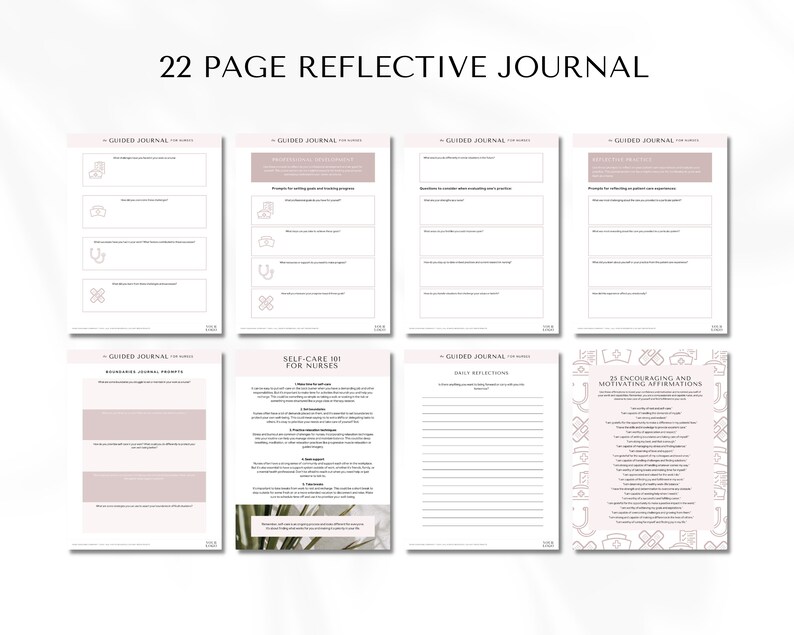 May include: A 22-page reflective journal for nurses. The journal includes prompts for daily reflection, self-care, and encouraging affirmations. The pages are decorated with medical symbols.