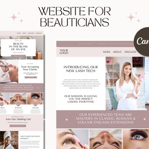May include: Website mockup for a beauty salon specialising in eyelash extensions. The website features a pink and white colour scheme with images of models with different types of eyelash extensions. The text on the website includes the words "Introducing our new lash tech" and "Our experienced team are masters in classic, Russian & volume eyelash extensions".