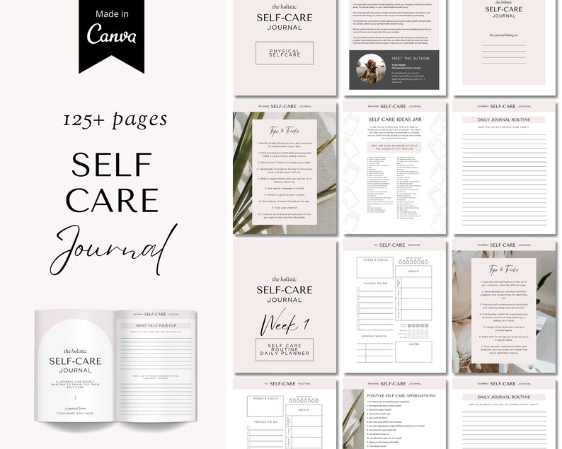 Op de afbeelding: Een digitaal zelfzorgdagboek met meer dan 125 pagina's. Het dagboek heeft een roze en witte kleurstelling met een bloemenontwerp. De omslag van het dagboek zegt "The Holistic Self-Care Journal".