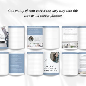 Op de afbeelding: Een blauw en wit carri&egrave;revoortgangswerkboek met de titel "Career Progress Workbook" en de tekst "Stay on top of your career the easy way with this easy to use career planner".