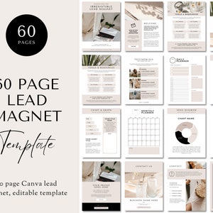 May include: A 60-page Canva lead magnet template with a beige and brown colour scheme. The template includes pages for welcome, tools and resources, testimonials, daily planner, 3-step process, chart and graph, monthly planner, Venn diagram, FAQs, contact us, and thank you.