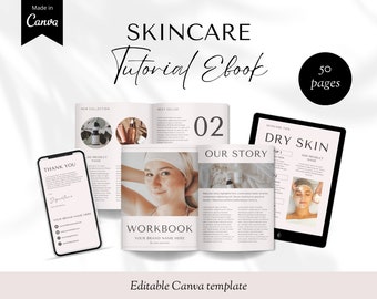 May include: A digital mockup of a skincare tutorial ebook with a white background. The ebook is open to page 02, titled "Our Story". The ebook has a minimalist design with a black and white color scheme. The ebook is surrounded by other digital mockups, including a thank you card, a product page, and a dry skin skincare tips page. The text "Editable Canva template" is at the bottom of the image.