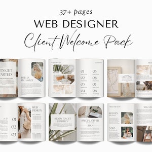 May include: A client welcome pack for a web designer, featuring a light brown and white booklet with the text "Let's Get Started" and "Hello, I'm Hayley" on the cover. The booklet is open to reveal pages with text and images, including a page with the text "Web Design" and a page with the text "Ready to Get Started?"