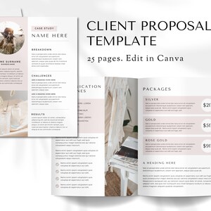May include: A client proposal template with a neutral color scheme. The template is designed for a business or individual offering services. The template includes a case study, challenges, results, and packages. The packages are listed as Silver, Gold, and Rose Gold with corresponding prices of $217, $517, and $917. The template is designed to be edited in Canva.