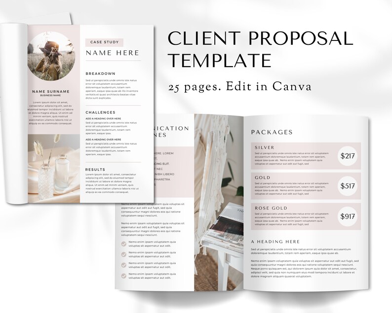 May include: A client proposal template with a neutral color scheme. The template is designed for a business or individual offering services. The template includes a case study, challenges, results, and packages. The packages are listed as Silver, Gold, and Rose Gold with corresponding prices of $217, $517, and $917. The template is designed to be edited in Canva.