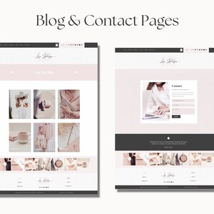 May include: Two website pages, one with a blog post grid and the other with a contact form. Both pages have a pink and gray color scheme and feature a logo that says "Lou Pigeon".
