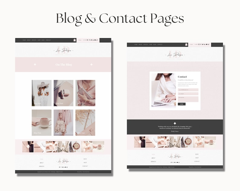 May include: Two website pages, one with a blog post grid and the other with a contact form. Both pages have a pink and gray color scheme and feature a logo that says "Lou Pigeon".