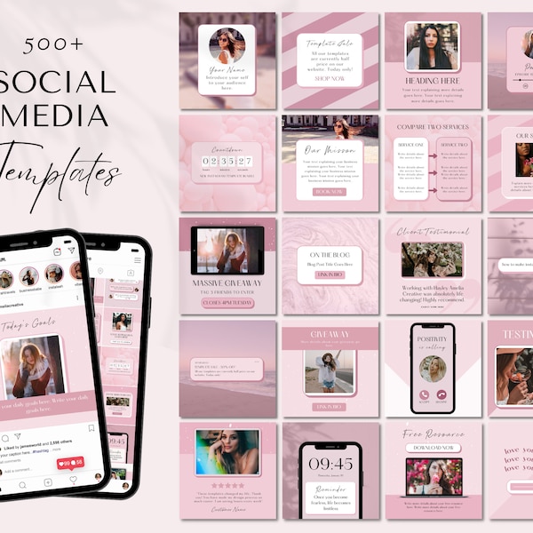 500 Pink Instagram Post Stories Template Canva, Instagram Branding, Pink White Canva Template Coach, Instagram Feed Engagement, Lash, Beauty