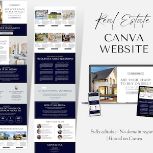 May include: A mockup of a real estate website designed using Canva. The website features a blue and white color scheme with images of houses and text that says "Are you ready to buy or sell?" and "How it all began".