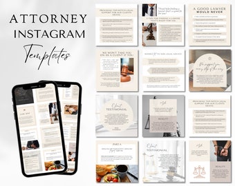 Peut inclure: Un ensemble de modèles Instagram conçus pour les avocats, mettant en scène des images d'un marteau, d'une balance de la justice et d'un avocat. Les modèles incluent du texte tel que "Fournir un soutien juridique de premier ordre à nos clients signifie", "Nous ne vous prendrons pas comme client si vous", "Conseils pour trouver un avocat qui vous convient", "Où trouver des conseils juridiques", "Témoignage de client", "Réalité", "Un bon avocat ne le ferait jamais", "Aucun soutien à chaque étape du chemin".