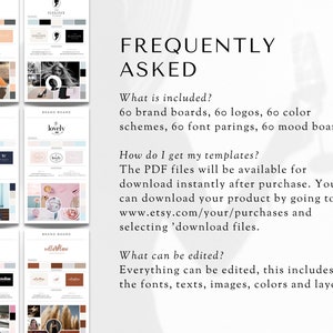 Puede incluir: Una lista de productos digitales para un paquete de plantillas de tablero de marca. La imagen muestra un collage de diferentes tableros de marca con varias paletas de colores, logotipos y fuentes. El texto en la imagen dice "Preguntas frecuentes" e incluye informaci&oacute;n sobre el contenido del producto y c&oacute;mo descargarlo.