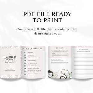 May include: A printable PDF journal for nurses with a pink and white color scheme. The cover features a stylized illustration of a stethoscope, a bandage, and a cross. The title is "The Guided Journal for Nurses". The table of contents includes sections for daily reflections, professional development, self-care, and more.