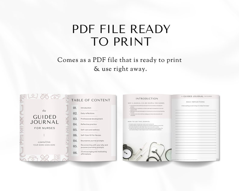 May include: A printable PDF journal for nurses with a pink and white color scheme. The cover features a stylized illustration of a stethoscope, a bandage, and a cross. The title is "The Guided Journal for Nurses". The table of contents includes sections for daily reflections, professional development, self-care, and more.