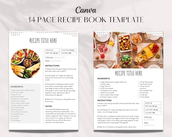Recipe Book Template, Editable Recipe Sheet Template, Recipe Cards, Minimal Recipe Binder, Editable Cookbook Template, Canva Recipe Template