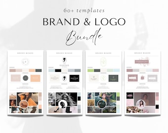 May include: Four brand board templates with different color palettes and logos. Each board includes a logo, color palette, font choices, and mood board with images.