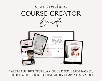 May include: A digital marketing course creator bundle with over 650 templates. The image shows a laptop, tablet, and phone displaying different templates for a sales page, business plan, slide deck, lead magnet, course workbook, and social media. The text "COURSE CREATOR Bundle" is at the top of the image.