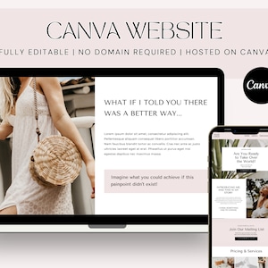 May include: A laptop computer screen displaying a website with the text "CANVA WEBSITE" and "FULLY EDITABLE | NO DOMAIN REQUIRED | HOSTED ON CANVA". The website is designed in a minimalist style with a white background and black text. The website features a photo of a woman wearing a white dress and a straw bag. The text "WHAT IF I TOLD YOU THERE WAS A BETTER WAY..." is displayed on the website. The website also features a call to action button that says "Imagine what you could achieve if this painpoint didn't exist!"