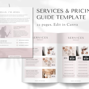 May include: A pink and white services and pricing guide template for a business. The template includes a price list for services, with prices listed as $129. The template is designed to be edited in Canva.