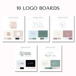 Puede incluir: Diez tableros de logo con diferentes nombres de marca y paletas de colores. Los logotipos incluyen un dise&ntilde;o floral, iniciales y una fuente manuscrita. Las paletas de colores incluyen tonos de rosa, verde, azul y negro.