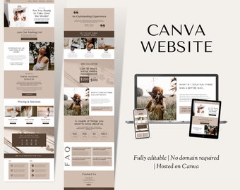 May include: A mockup of a website design for a social media management service. The website is designed in a light brown color scheme with images of women in nature. The website includes sections for pricing, services, and an FAQ. The text on the website includes the phrase "An Outstanding Experience" and "What if I told you there was a better way..." The website is fully editable and does not require a domain. It is hosted on Canva.