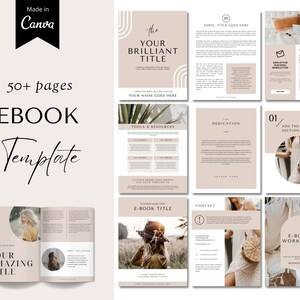 May include: A template for an ebook with a beige background and a minimalist design. The cover features a woman with a straw hat and a circle with the text "Your Amazing Title". The template includes sections for the title, dedication, tools and resources, contact, and an ebook workbook.