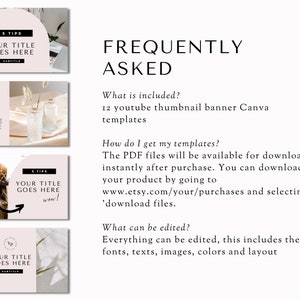 May include: A digital product image featuring four thumbnail banner templates with the text "YOUR TITLE GOES HERE" and "5 TIPS". The text "FREQUENTLY ASKED" is also visible. The image includes instructions on how to download the templates.