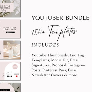 May include: A pink and white graphic design with the text "YOUTUBER BUNDLE 150+ Templates INCLUDES Youtube Thumbnails, End Tag Templates, Media Kit, Email Signatures, Proposal, Instagram Posts, Pinterest Pins, Email Newsletter Covers & more"