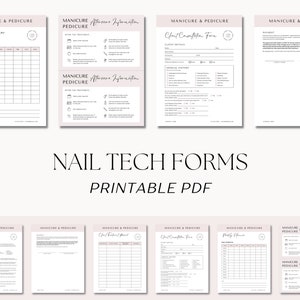 K&ouml;nnte beinhalten: Druckbare Formulare f&uuml;r Nageltechniker in einem hellrosa Farbschema. Die Formulare umfassen einen Wochenplaner, ein Kundenberatungsformular, ein Kundenabschlussformular und Nachsorgeinformationen f&uuml;r Manik&uuml;re und Pedik&uuml;re.
