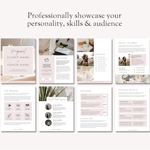 May include: A pink and white proposal template for a coach or consultant. The template includes sections for the client's name, the coach's name, the process, contents, welcome, packages, meet the team, and package details. The template also includes a photo of a woman with a warm smile.
