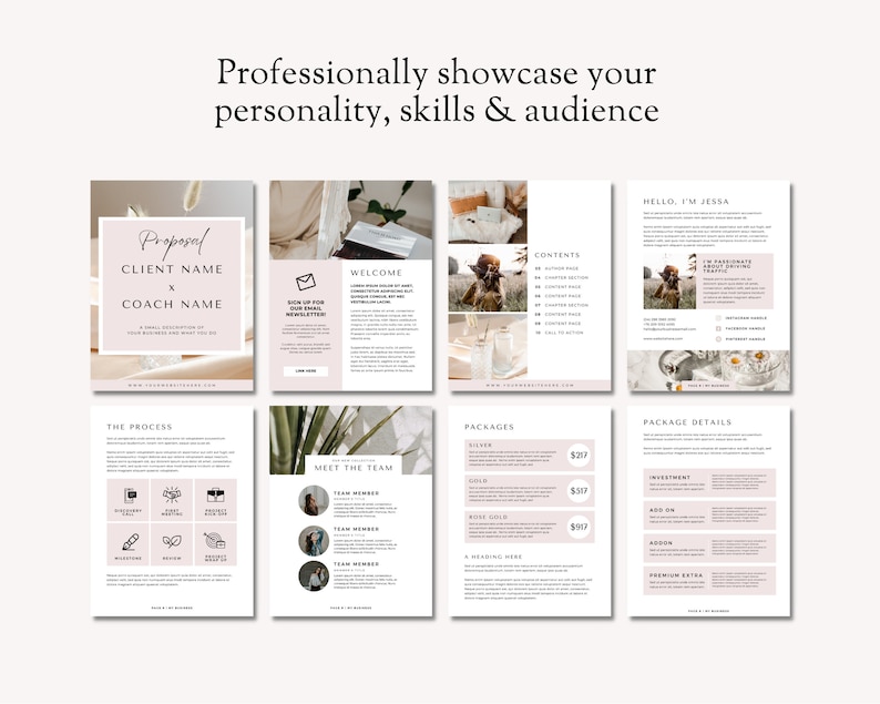 May include: A pink and white proposal template for a coach or consultant. The template includes sections for the client's name, the coach's name, the process, contents, welcome, packages, meet the team, and package details. The template also includes a photo of a woman with a warm smile.