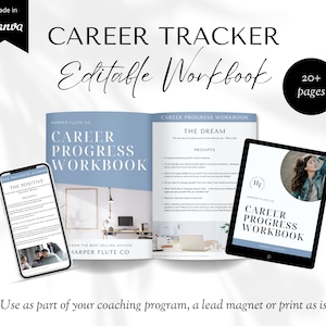 May include: A blue and white digital workbook titled "Career Progress Workbook" with the text "The Dream" and "Prompts" on the page. The workbook is open to reveal the inside pages. A smaller digital workbook titled "The Positive" is shown on the left. A tablet with a blue and white cover titled "Career Progress Workbook" is shown on the right. The tablet shows a woman with long brown hair wearing a blue denim jacket.