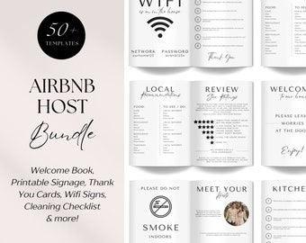 May include: A set of printable Airbnb host templates, including a welcome book, signage, thank you cards, wifi signs, cleaning checklist, and local recommendations. The templates are black and white with a minimalist design.