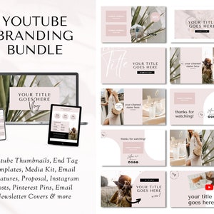 May include: A digital marketing branding bundle for YouTube channels. The bundle includes templates for thumbnails, end tags, media kits, email signatures, proposals, Instagram posts, Pinterest pins, email newsletter covers, and more. The image shows a laptop screen displaying a YouTube channel branding template with the text "Your Title Goes Here Vlog".