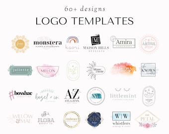 May include: A collection of 60+ logo templates for businesses. The logos feature a variety of styles, including minimalist, floral, and hand-drawn. Some of the logos include text, such as "monstera plants & succulents", "kaoni. creative", and "maison hills stylists".