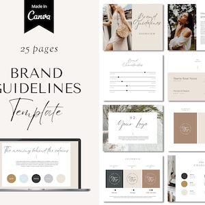 May include: A 25-page brand guideline template with a minimalist design. The template includes sections for brand characteristics, colourways, and fonts. The template is made in Canva.